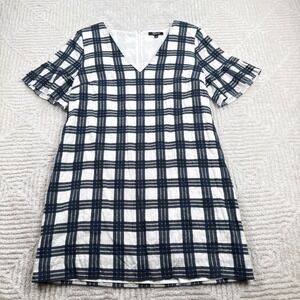 Madewell Dress Women's 8 Navy White Plaid Ruffle Shift Party Preppy Work Mod